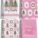 LUKIPOM309 Pink Chinoiserie Christmas Tree Kitchen Towels Set of 4, Coquette Pink Bow Grandmillennial Xmas Dish Tea Towels for Kitchen, Preppy Girly Christmas Hand Towel for Bathroom, 16x24 Inch