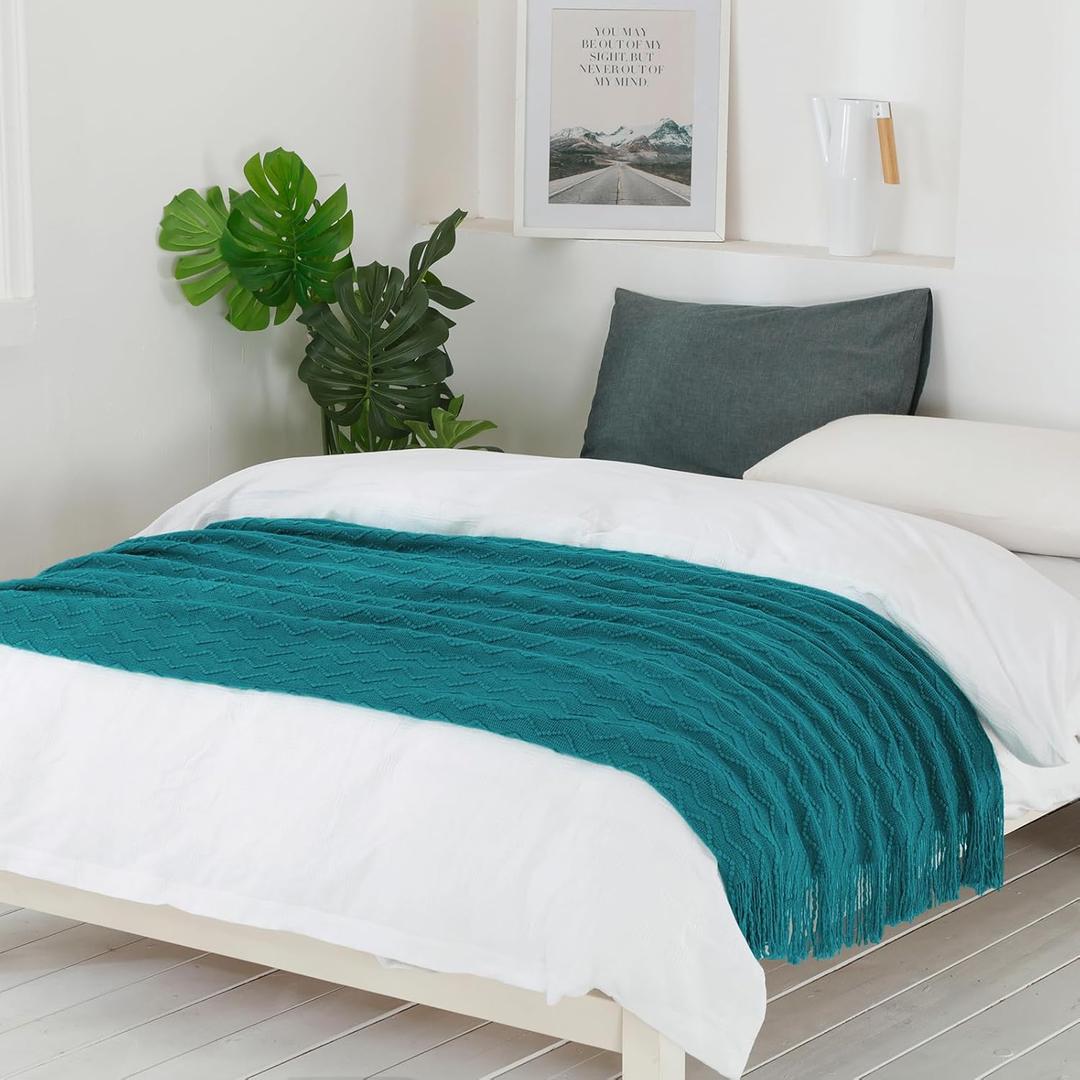 BOURINA Teal Throw Blanket 50 x90 Inches Throw Textured Solid Soft Sofa Throw Bed Runner Couch Cover Knitted Decorative Blanket Bed Runner