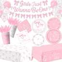 190Pcs Pink Bow 1st Birthday Decorations, Baby Girl First Birthday Party Supplies Includes Girls Just Wanna Be One Plates Napkins Cups Tablecloth Banner Balloons for Girls Bow Party Decor