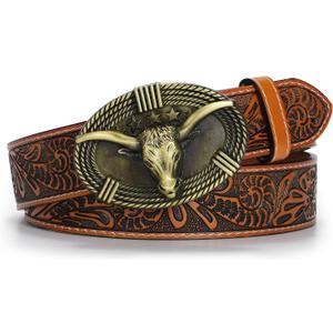 Cowboy Belts for Men Women Leather Mens Western Cowboy Belt Buckle | Genuine Leather, Embossed Western Belt, Zinc Alloy Bull Buckle, Adjustable, for Halloween Rodeo Concert Costume Party, 110 CM
