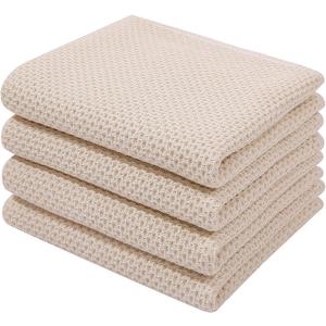 Homaxy 100% Cotton Waffle Weave Kitchen Dish Towels, Ultra Soft Absorbent Quick Drying Cleaning Towel, 13 x 28 Inches, 4-Pack, Beige, Small
