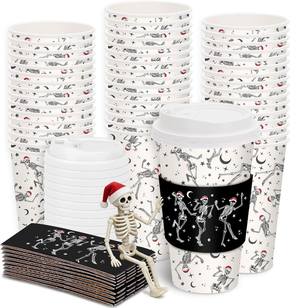JarThenaAMCS 50Pcs 16Oz Christmas Disposable Coffee Cups with Lids and Sleeves Funny Dancing Skeleton Paper Drinking Cup for Xmas Birthday Party Supplies