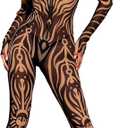 Women's Full Body Bodysuit with Tribal Tattoo Print Stretch Jumpsuit for Roleplay Festival Rave Halloween (Large)