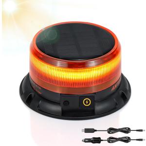 AnTom Solar LED Amber Strobe Light, Rechargeable 360 Flashing Warning Beacon Light with 9 Modes, Magnetic Base Waterproof for Vehicles, Trucks, and Outdoor Emergencies