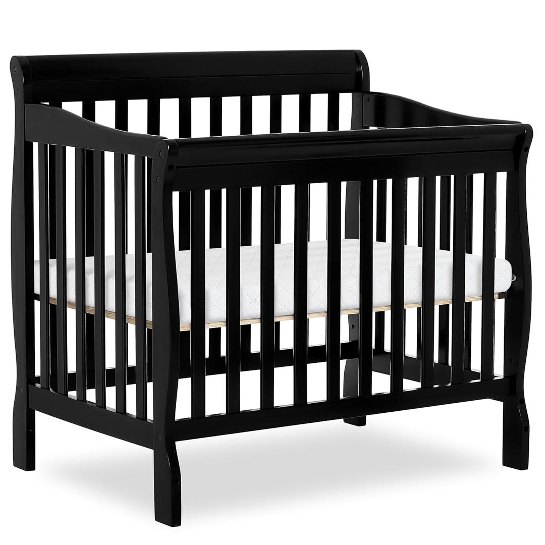 Dream On Me Aden 4-in-1 Convertible Mini Baby Crib, GREENGUARD Gold & BSA Certified, Sustainable Pinewood, Non-Toxic Finish, 3 Mattress Heights, Converts to Mini Day & Twin-Size Bed - Black