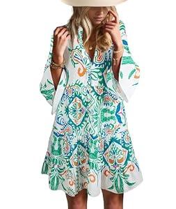 Opemiby Summer Dresses for Women 2026 Flowy Ruffle 3/4 Sleeve V Neck Tiered Casual Babydoll Boho Beach Mini Dress (White, S)