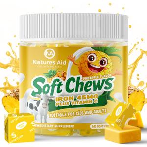Chewable Iron Supplement for Women & Men and Kids - Pineapple Flavor, Iron Vitamin C Soft Chew for Max Absorption, Iron as Ferrous Fumarate, Ideal for Iron Deficiency, 2 Month Supply