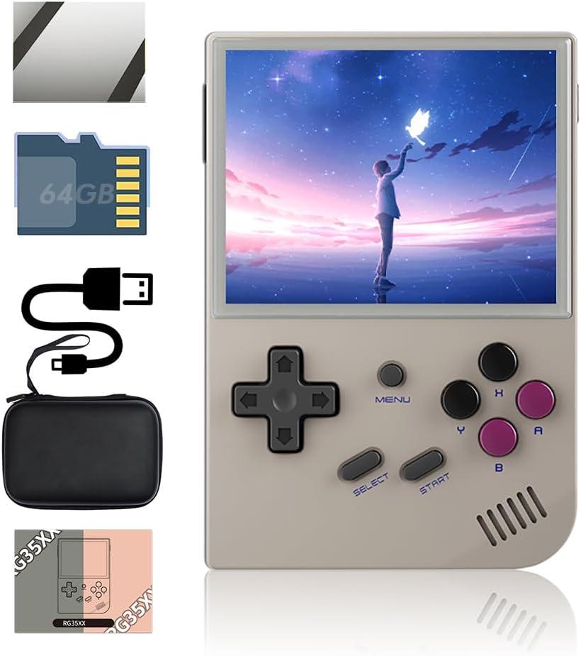 RG35XX 2024 Handheld Game Console 3.5 inch IPS Retro Games Consoles Classic Emulator Hand-held Gaming Preinstalled Hand Held Video System with Portable Case 64GB Gray