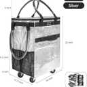 Reusable Grocery Bag On Wheels, Shopping Cart, Rolling Tote with 8 Pockets and Zipper Cover, Foldable, Heavy Duty Handles, Carries Up to 46 LBS (Medium, Silver)