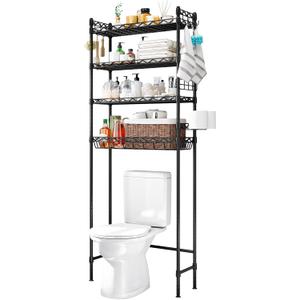 Over The Toilet Storage Rack with Hook Adjustable Layer 4-Tier Large Capacity Strong Steel Space Saver for Laundry Kitchen Bathroom Organizer Metal (Black, 25.75 * 9.45 * 67.32in)