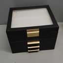 SONGMICS GISELLA Collection - Jewelry Box Organizer, 4-Layer Jewelry Storage with 3 Drawers, Shiny Metal Hardware, Glass Lid, Modern, 8 x 9.1 x 6.5 Inches, Ink Black and Gold Color UJBC173B01