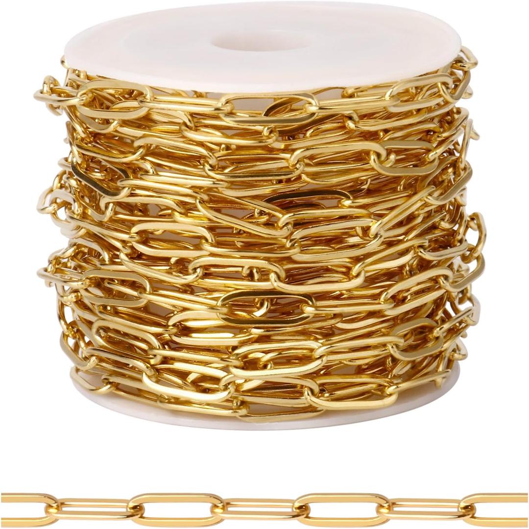 [16.5FT] 18K Gold Plated Paperclip Chains for Jewelry Making, 4.3mm Wide 304 Stainless Steel Paperclip Link Chain Roll Bulk for DIY Jewelry Making Craft