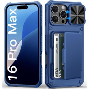 for iPhone 16 Pro Max Case with Card Holder (4-5 Cards), Slide Camera Cover & Military Grade Protection, Shockproof Heavy Duty Rugged Women Men Wallet Phone Case for iPhone 16 Promax, Blue