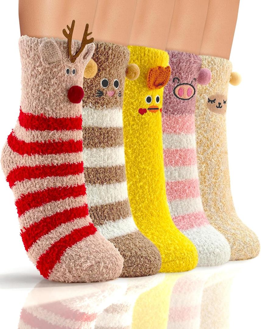 TEHOOK 5 Pairs 3D Cute Fuzzy Socks for Teens Girls Stocking Stuffers Gifts, Funny Animal Soft Fluffy Cozy Warm Socks for Women