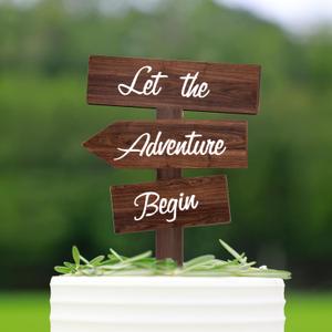 Let the Adventure Begin Cake Topper Wooden Adventure Awaits Baby Shower Cake Topper for Boy or Girl, Travel Themed Engagement Party & Rustic Wedding Cake Decorations