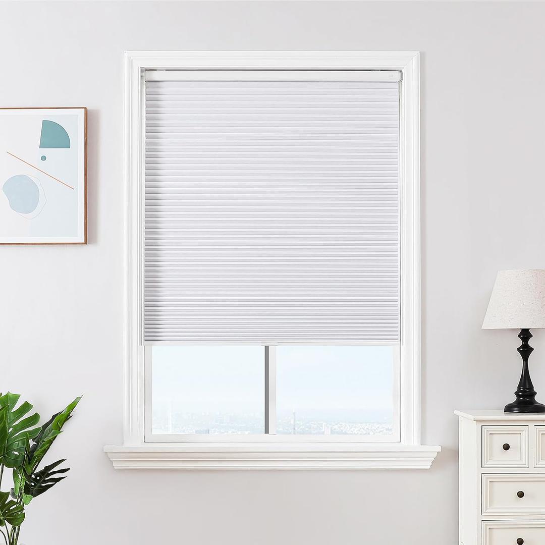 Joydeco No Tools No Drill Window Blinds for Indoor Windows, Blackout Shades Cellular Shades Cordless, No Drill Blinds for Windows, Window Shades for Home, Bedrooms, Doors (White, 21" W x 64" H)