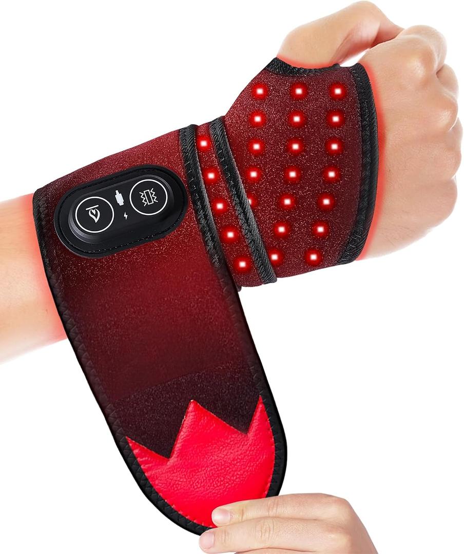 Cordless Wrist Heating Pad Massager, Red Light Heated Wrist Wrap with 3000mAh Battery, 3 Vibration and Heat Settings, Heated Hand Wrap for Arthritis, Carpal Tunnel Relief