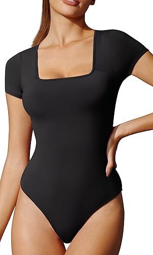 Bodysuits for Women Tummy Control Short Sleeve Square Neck Bodysuit  Black XXL