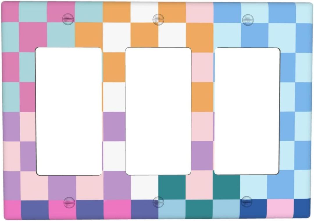 Colorful Retro Checkered Wall Plate Decorative 3 Gang Triple Rocker Pretty Rainbow Geometric Light Switch Cover Electrical Receptacle Faceplate for Girls Bedroom Home Bathroom