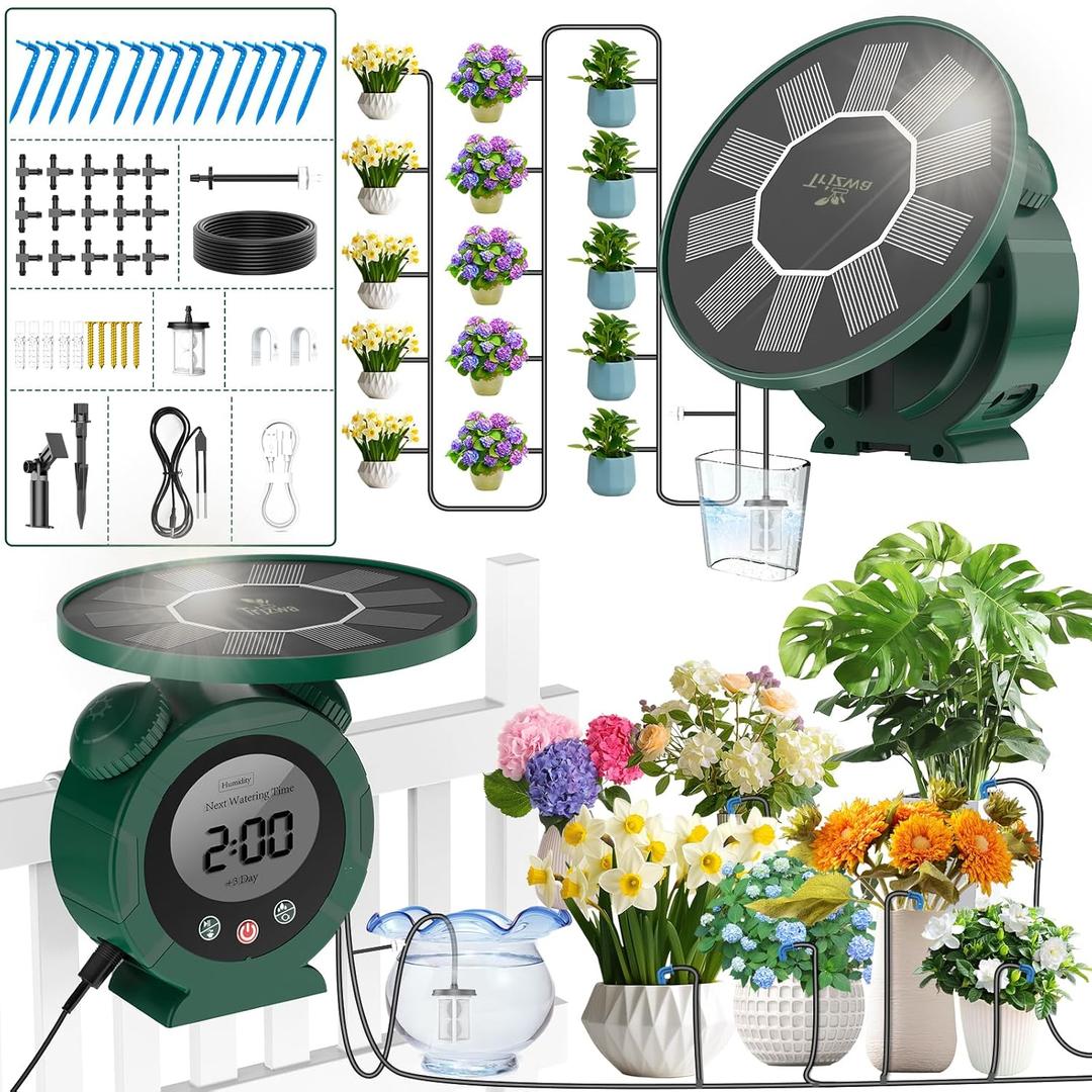 Solar Drip Irrigation System for Outdoor/Indoor,Solar Automatic Drip Irrigation System, Alarm-Clock Shaped Garden Drip Irrigation System Kit with 2200 mAh Battery Humidity Monitoring