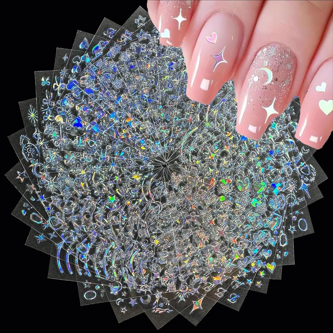 3 x 30Sheets Laser Silver Nail Art Stickers Aurora Nail Stickers for Nails Art 3D Self-Adhesive Silver Nail Decals Laser Sticker for Women Girls Acrylic Nails Manicure DIY