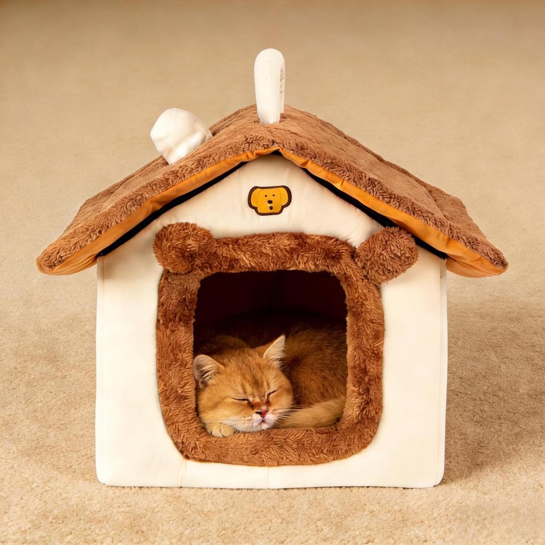 Cat Bed for Indoor Cats, Cartoon Pattern Cat Cave Bed with Handle Design, Soft Cat Hideaway Indoor, Lovely Cat House for Kitten, Puppy & Small Pets (M)