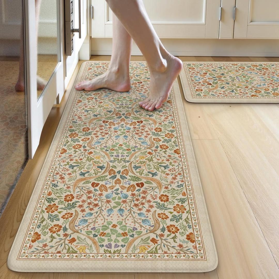 Collive Kitchen Mats Cushioned Anti Fatigue, Non Slip Waterproof Kitchen Floor Mat Beige Rug 2 Piece, Modern Comfort Desk Standing Rugs for Sink, Home Office, Laundry, Bedroom (17.3"x47"+17.3"x29")