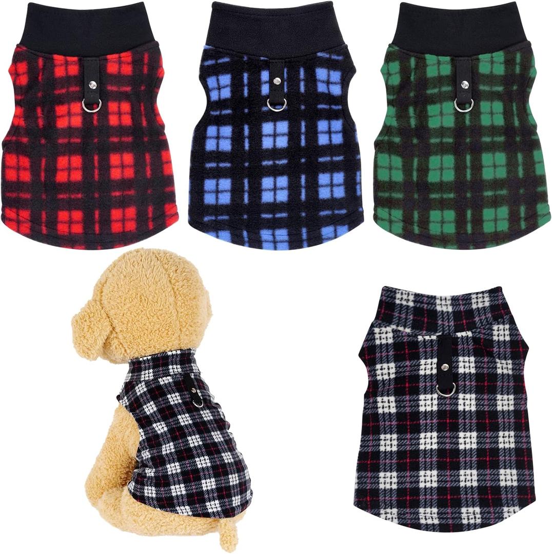Rbenxia 4 Buffalo Plaid Dog Sweaters with Leash Ring Soft Fleece Vest Pullover Warm Jacket Pet Clothes Winter Outfits for Small Puppy Cat Pets (Large)