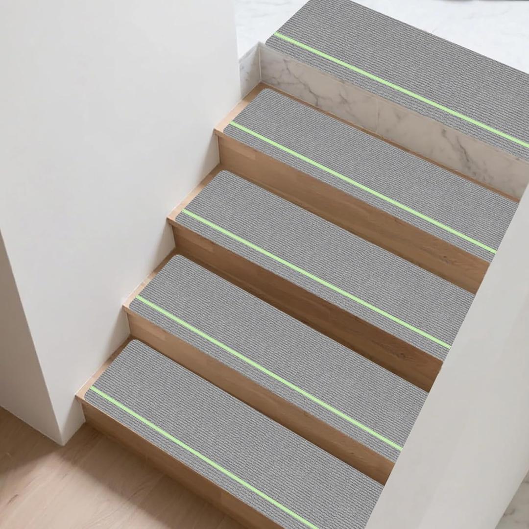 Grey Carpet Stair Treads with Glow Strip 8"x30", 15 Pack Non-Slip Peel & Stick Stair Treads for Wooden Steps, Washable Durable Stair Runners for Kids, Dogs & Elderly