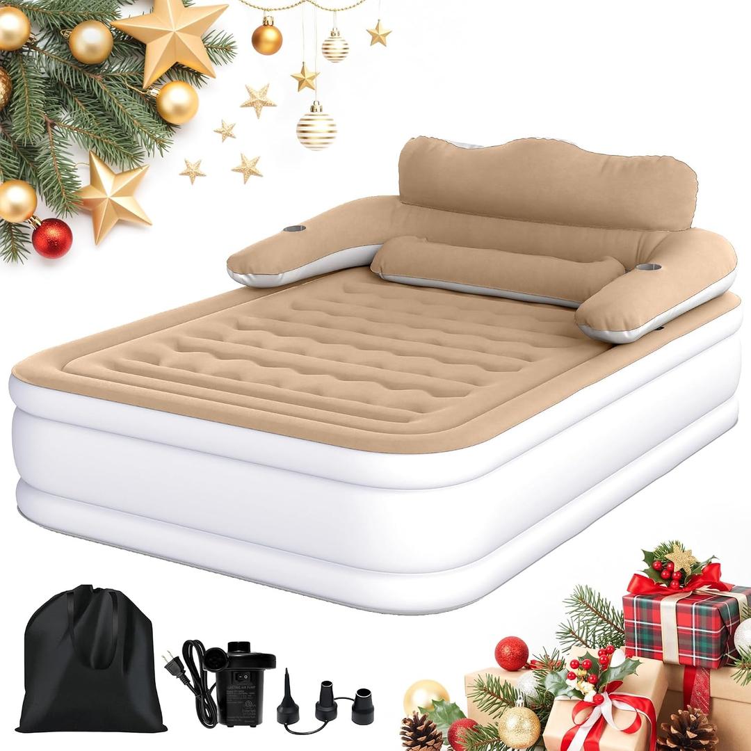 DWVO Queen Size Air Mattress with Headboard & Cup Holders, Blow Up Bed with Built-in Pump & Carry Bag, Fast Inflation Air Bed for Home, Guests & Camping, 60" x 80" x 36", Brown