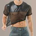 FEOYA Fishnet Top Men's Mesh Crop T Shirts Transparent Pu Tee Round Neck Long Short Sleeve Muscle Sexy Top Cluwear (Black, M)