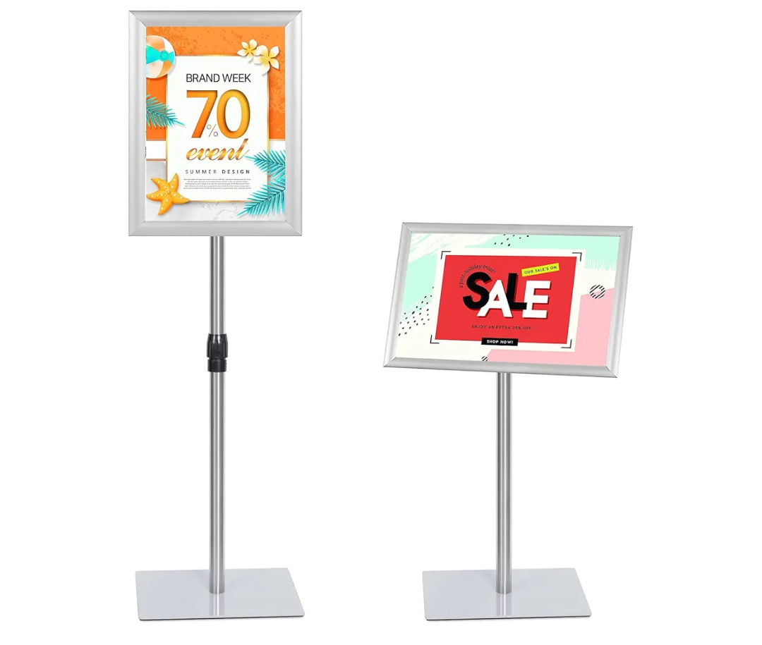 NicQliear Adjustable Sign Stand Holder, 11 x 17 Inch Poster Stand with Extra Heavy Duty Square Metal Base, Vertical or Horizontal Outdoor Floor Standing Indoor Display Holder for Restaurant, Silver
