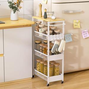 Slim Rolling Utility Cart, 4 Tier Metal Narrow Storage Cart with Handle and Wood Top, Multifunctional Small Mobile Shelf Unit Organizer Trolley for Laundry, Bathroom, Kitchen (9.1" wide, White)