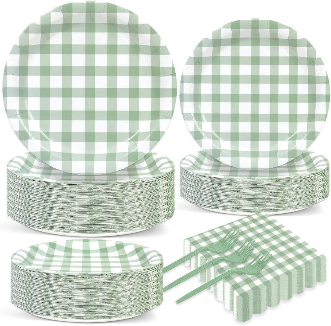 200 Pcs Sage Green Gingham Tableware Set Green And White Checkered Party Supplies Disposable Plaid Paper Plates Napkins Dinnerware Set Girls Barbecue Picnic BBQ Birthday Decoration Serve 50 Guest