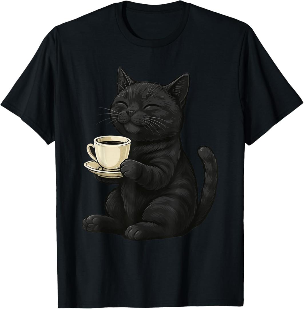 Black Cat With Coffee Cute Cat Lover T-Shirt (Black, L)