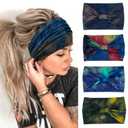Wide Boho Headbands for Women Fashion Knotted Headband Yoga Workout Hair Accessories African Head Wrap Blue Tie Dye 4 Pack