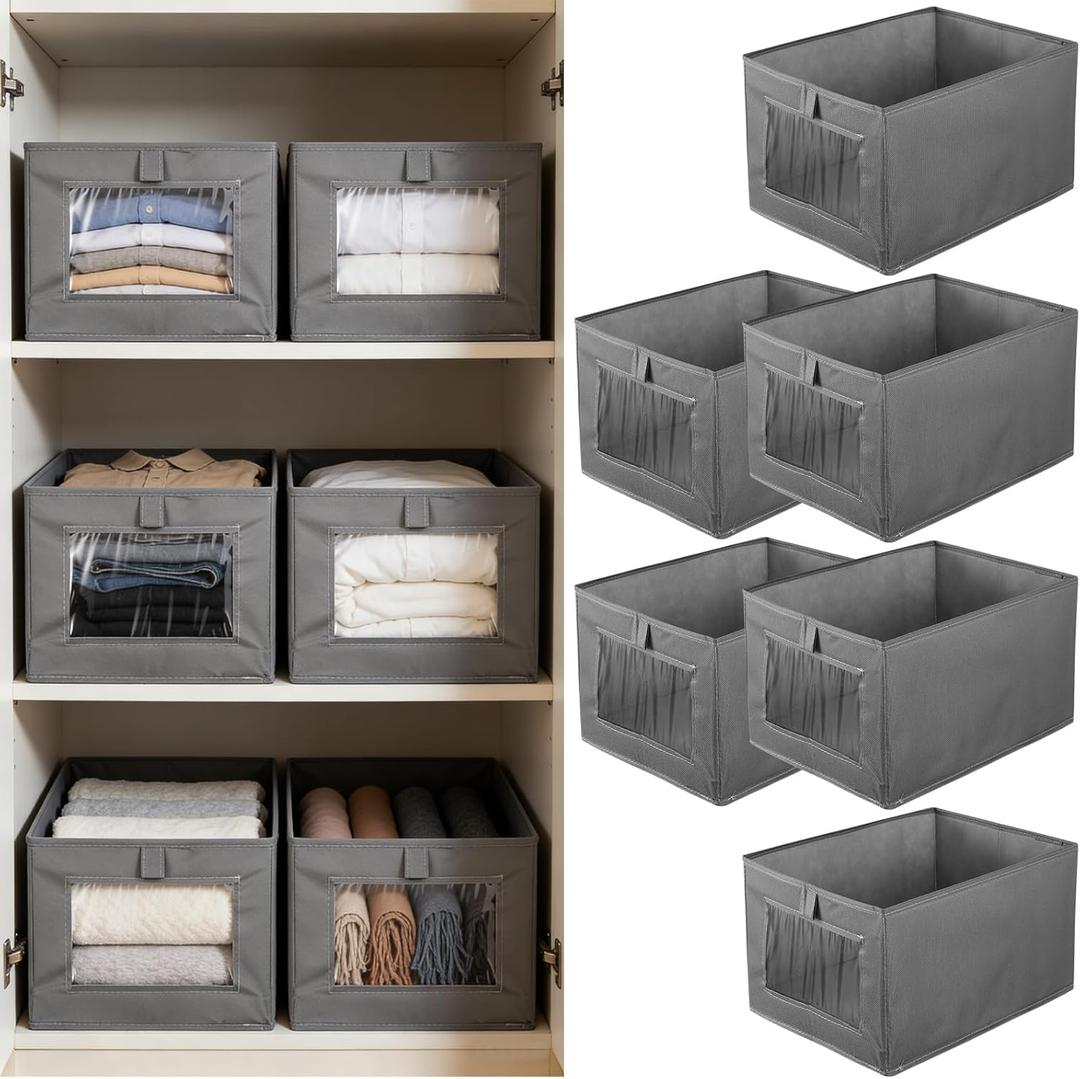6 Pieces Oxford Cloth Storage Bins with Clear Window, Shelf Basket Closet Clothes Organizer Storage Containers for Organizing Shelves Wardrobe Office Clothing Books