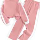 AGAPENG Girls Clothes 2 Piece Outfits Turtleneck Sweatsuit Fleece Colorblock Sweatshirt Wide Leg Sweatpants Fall Winter Sets (9-10 Years, Pink)