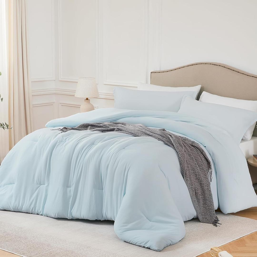 Queen Comforter Sets SkyBlue,3PCS Soft Lightweight Breathable Bedding Comforter Sets for All Season, Queen Size(90''90'' Comforter & 2 Pillowcases)