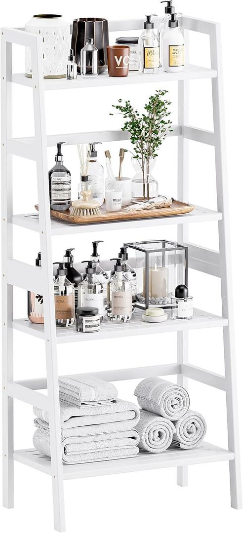 HITNET White Ladder Bookshelf, Leaning Bookcase, 4-Tier Bamboo Shelf, Floor Standing Storage Shelving Unit, Open Display Book Shelves, 53 cm x 32 cm x 125 cm