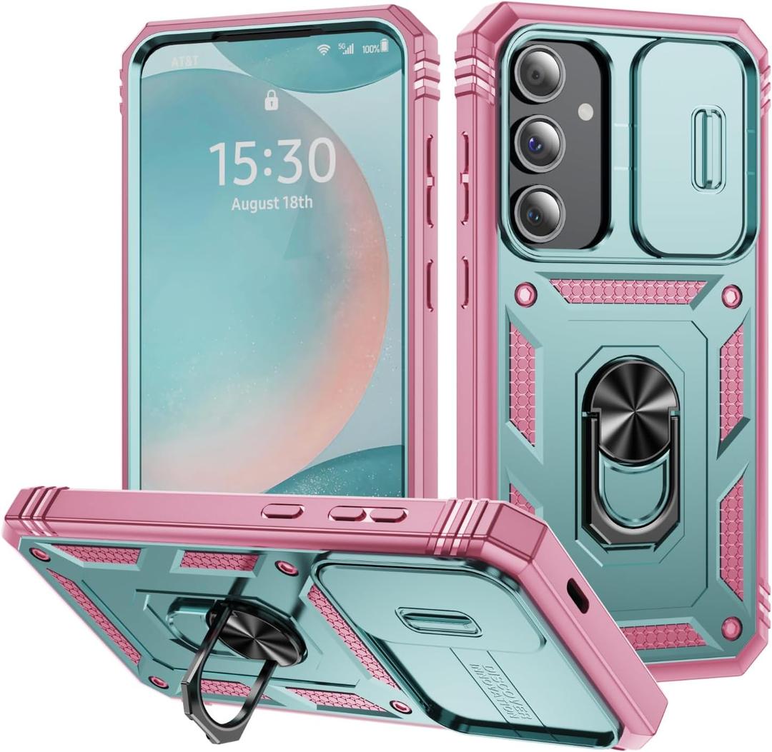 for Samsung Galaxy S24 FE Case with All-Angle Rotating Kickstand & Sliding Camera Cover - Heavy Duty Shockproof Protective Cover, Green Pink