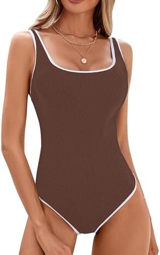 BMJL Women's One Piece Swimsuit Sports Adjustable Strap Bathing Suit Color Block Ribbed High Cut Swimsuits, S