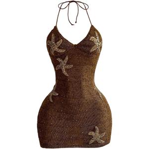 RoseSeek Women's Boho Sequin Mini Dress Halter Tie Back V Neck Bodycon Dresses Sparkle Dress (Brown, S)