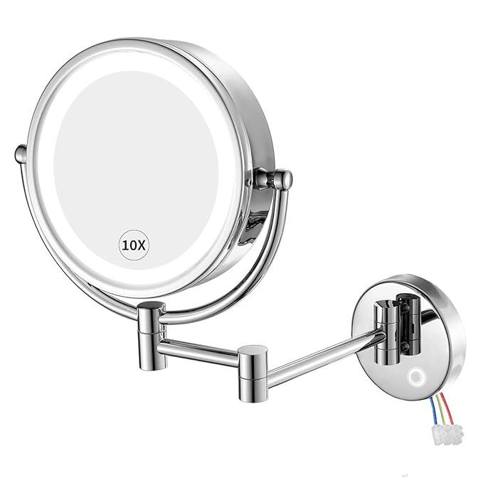 GURUN 10X Magnifying Makeup Mirror with Light - Wall Mounted Dimmable LED Mirror, 3 Color Modes Touch Screen, Rechargeable Brass Cosmetic Mirror with Adjustable Arm (Black and White)