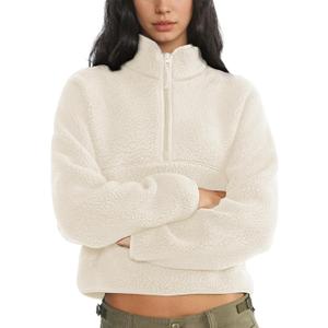 Fleece Sweatshirts for Women Cropped Long Sleeve Half Zip Pullover Sherpa Jacket Warm Fuzzy Coats with Pockets (Medium, Beige)