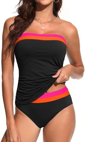 Daci Bandeau Tankini Swimsuits for Women - Two Piece Ruched Tummy Control Bathing Suit Strapless Swimwear with Bottom S, Black, Pink, Orange