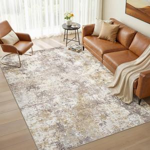 Nakagishi 6X9 Area Rugs for Living Room: Washable Modern Abstract Rug with Non-Slip Silicone Backing Low Pile Soft Carpet for Bedroom & Dining Decor Ideal for Families with Kids and Pets-Brown