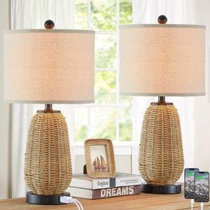Touch Control Rattan Table Lamps, 3 Way Dimmable Bedside Lamps for Bedroom Set of 2 with 2 USB Ports and AC Outlet, Grass Rope Nightstand Lamps for Living Room Office (2 LED Bulbs Included)