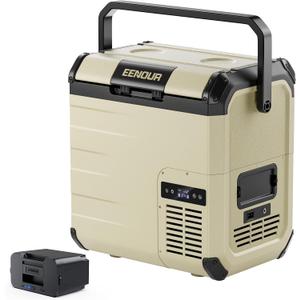 EENOUR D18 12 Volt Car Refrigerator, Portable Freezer with Detachable Battery 19Qt/18L, Battery & Solar Powered Cooler, -4~50, 12/24V DC, 110~240V AC, 12V Fridge for Camping, Road Trips, RV, Truck (Khaki Set)