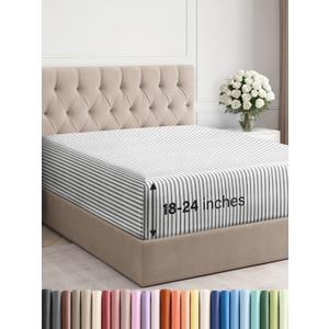 Extra Deep Full Fitted Sheet - Hotel Luxury Single Fitted Sheet Only - Easily Fits 18 inch to 24 inch Mattress - Ultra Soft, Wrinkle Free with Extra Deep Pockets - Breathable & Comfy - Grey Stripes